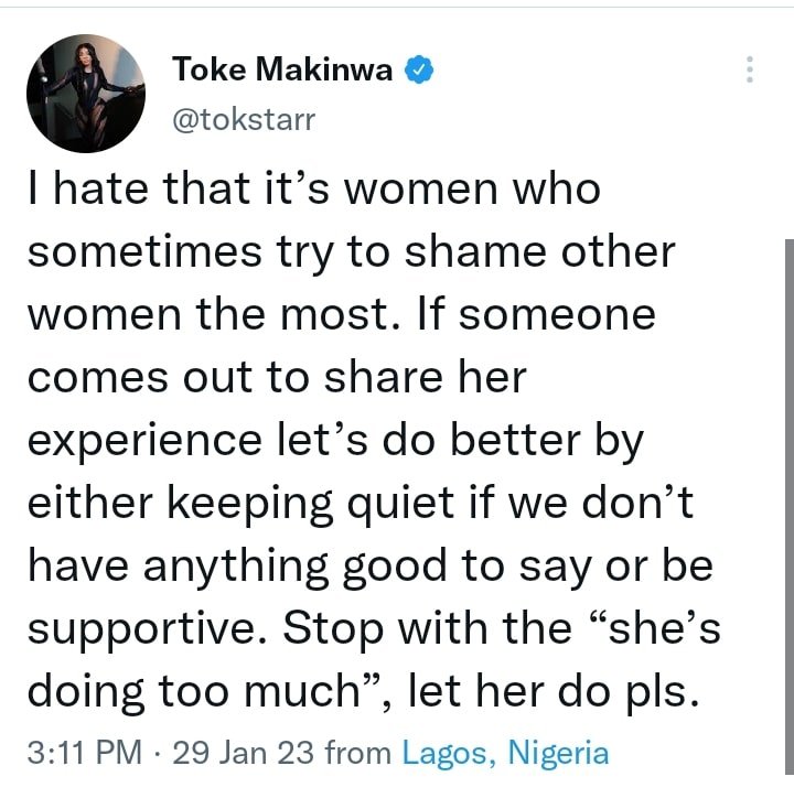 Toke Makinwa's tweet 