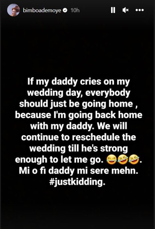 "I don't joke with my dad" Actress, Bimbo Ademoye reveals what will happen if her dad cries on her wedding day
