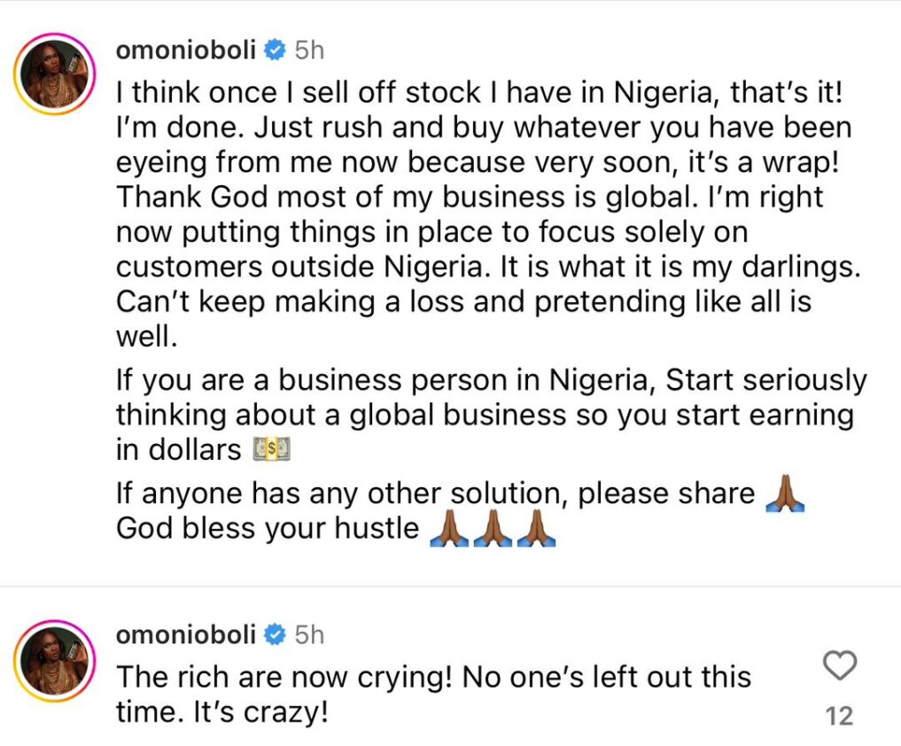 “The rich are now crying, everyone is running at a loss” – Omoni Oboli laments rising exchange rate