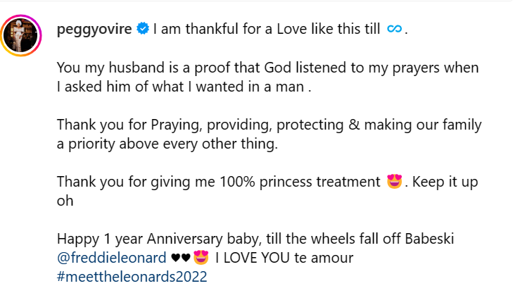 Peggy Ovire gushes over husband Frederick Leonard as they celebrate their 1 year anniversary 