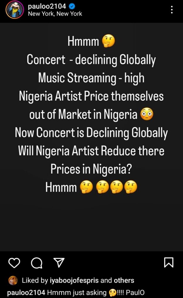 'Since concert is declining globally, will they reduce their prices' Talent Manager, Paulo Okoye raises crucial question for Nigerian artists