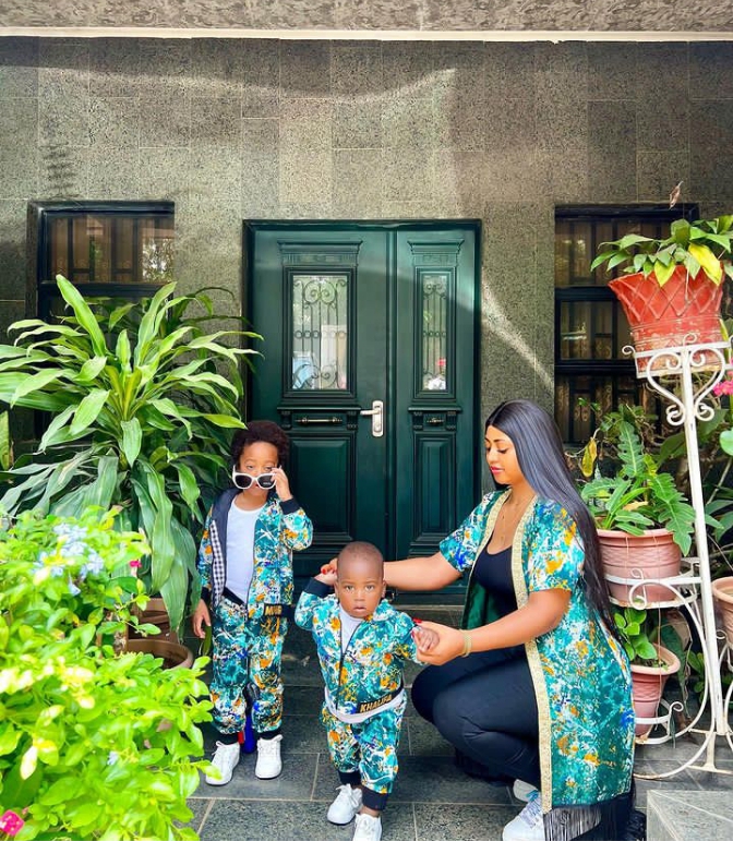 Regina Daniels and her two sons rocking matching outfits 
