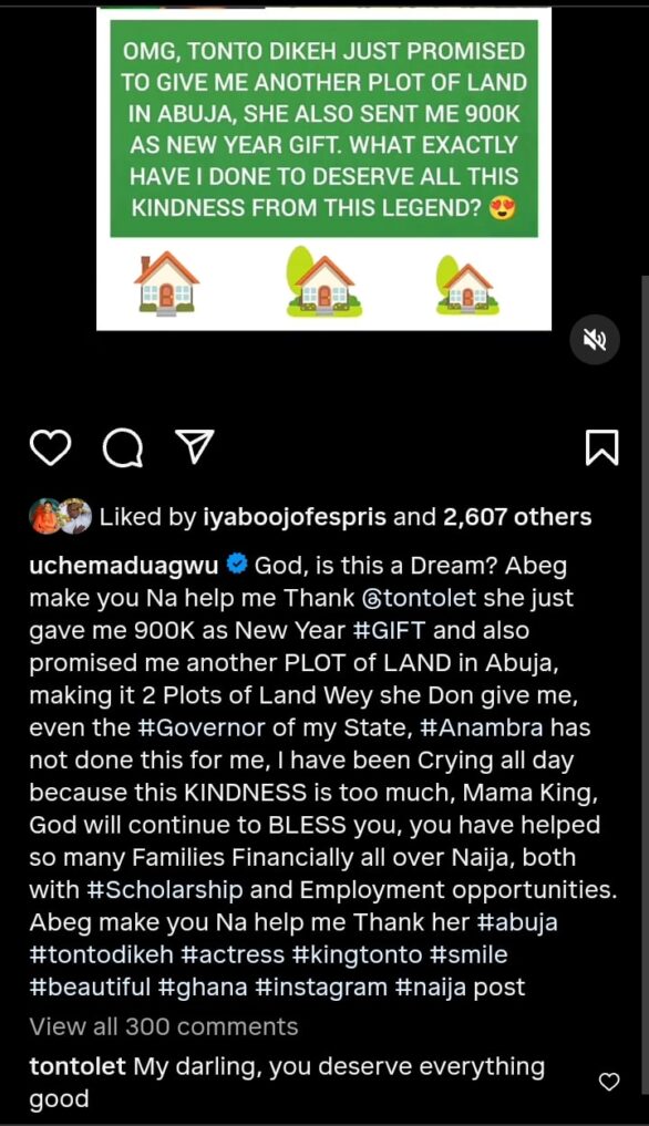 Uche Maduagwu emotional as Tonto Dikeh reportedly gifts him N900k and a plot of Land 