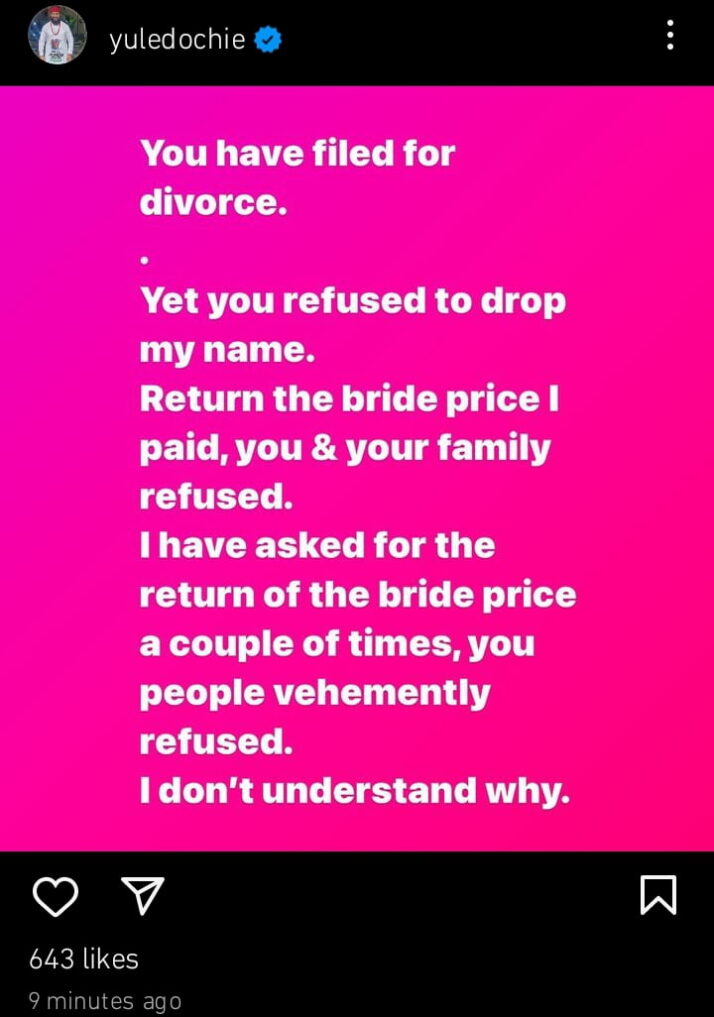 “You filed for divorce yet refused to drop my name” Yul Edochie asks first wife, May, to return bride price