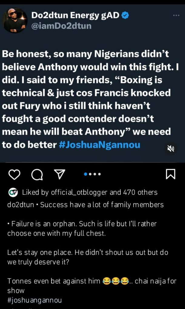 'Nigerians didn’t believe he would win' Do2dtun reacts to Anthony Joshua’s victory against Ngannou