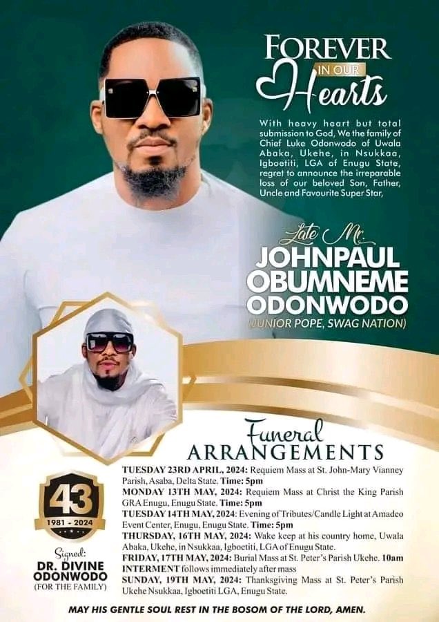 Junior Pope: Family of late Nollywood actor releases burial date