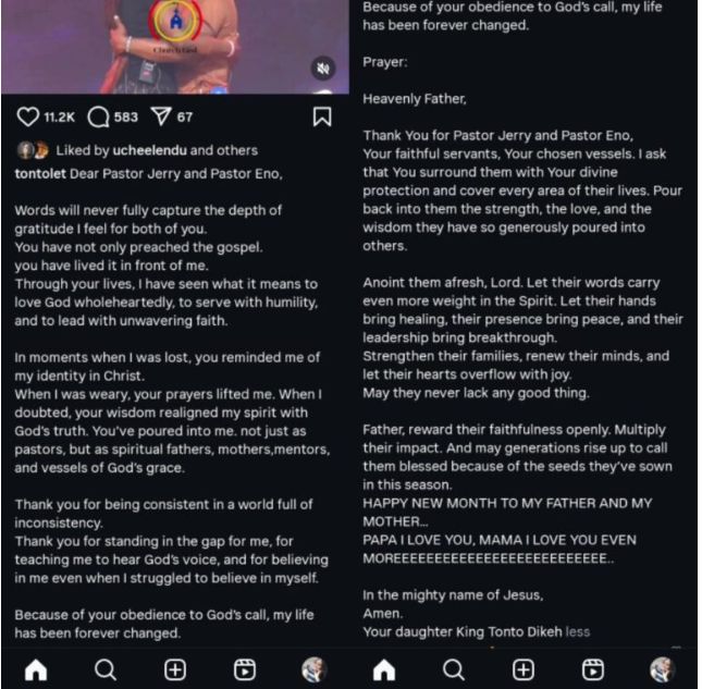 Your Obedience To God's Word Changed My Life - Tonto Dikeh Tells Jerry Eze